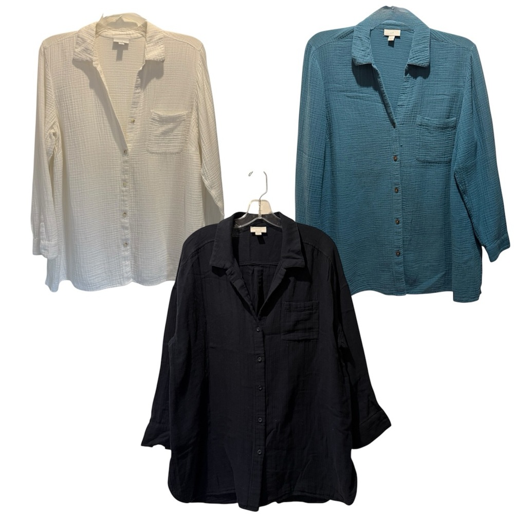 J. Jill Set of Three Button-Up Shirts in White, Teal, and Black